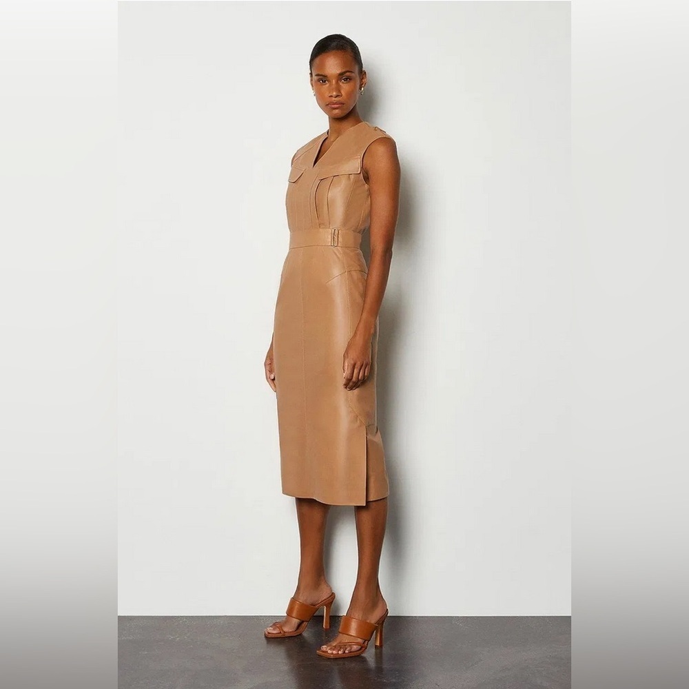 Karen Millen Leather Pocket Detail Midi Dress In Tan Size US 8 Rare!